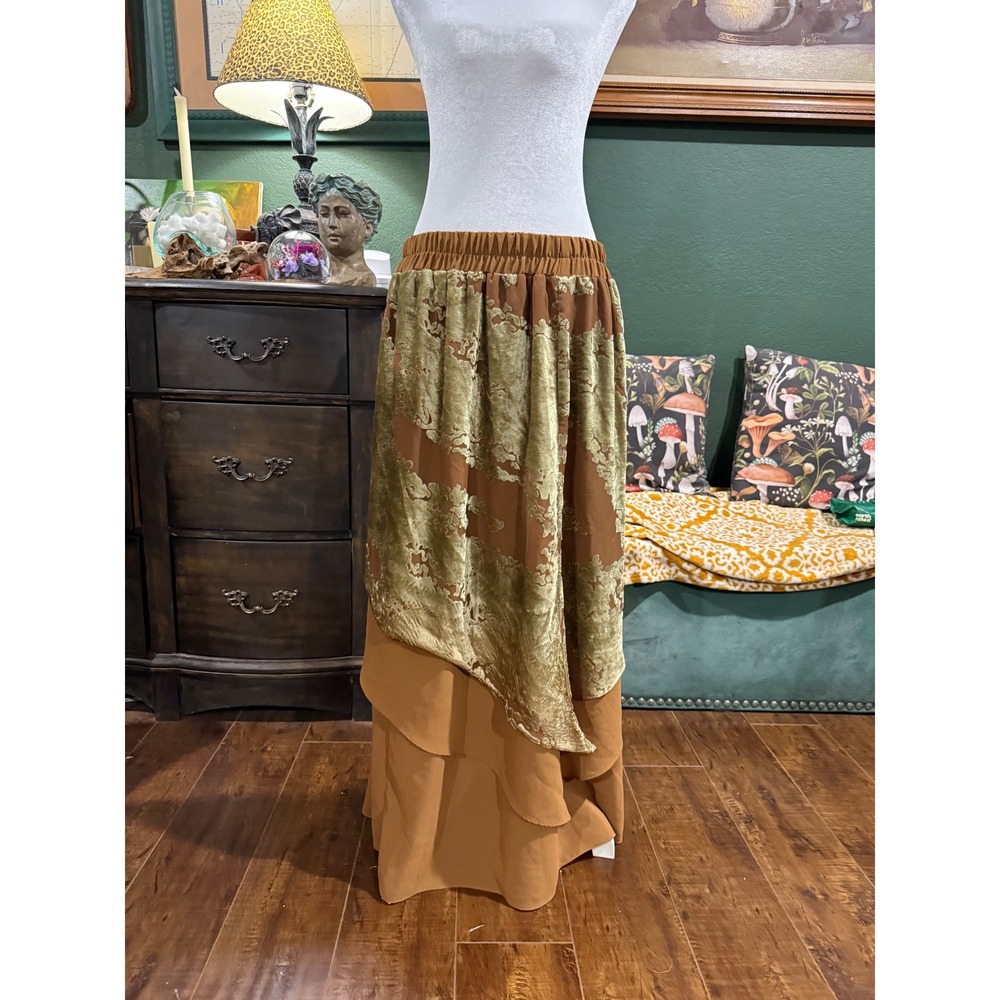 Boho Burnout Velvet Layered Maxi Skirt Brown Olive Fairycore Cottagecore Tiered